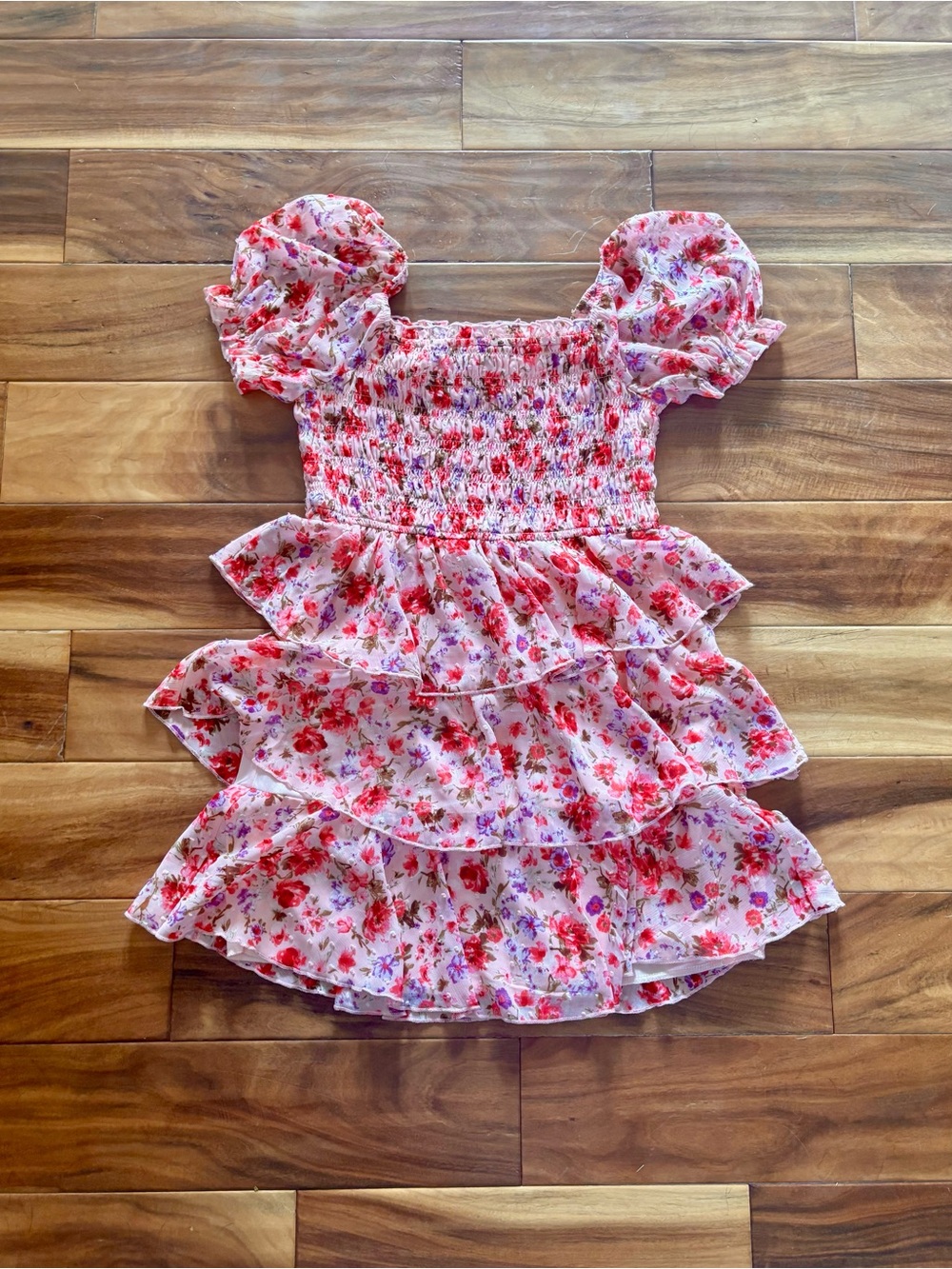 Floral Pink Coquette Mini Dress with Ruffle Tiers